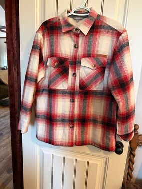 Simply Southern Red, Crean,Gray Plaid Sherpa-Lined Jacket in S But more like M/L